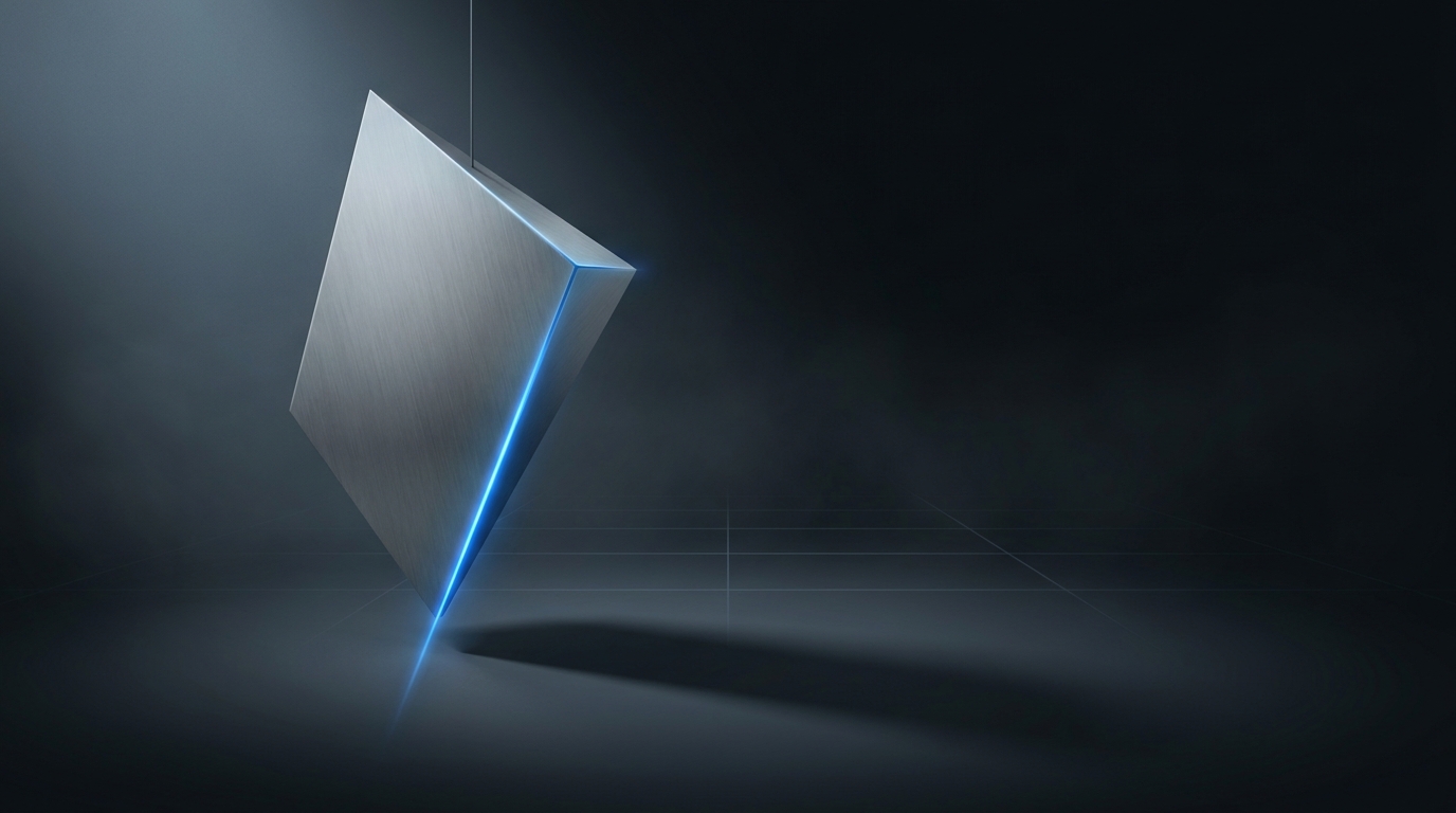 Editorial illustration of a lone geometric prism with electric blue light against deep slate background, surrounded by quiet negative space suggesting scale and limitation.